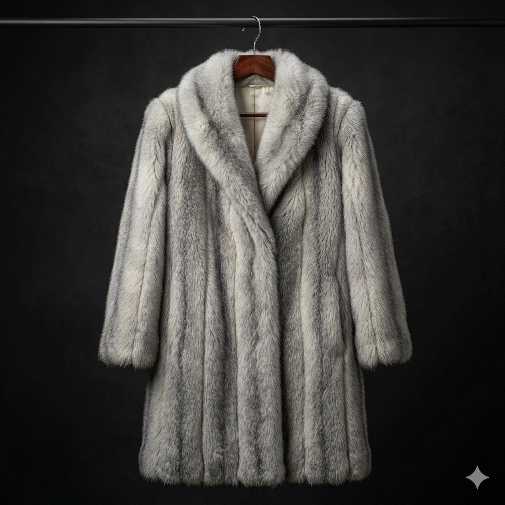 Vintage 70s 80s Faux Fur Coat Long Striped Gray Silver ILGWU Union Made M L - Picture 1 of 13